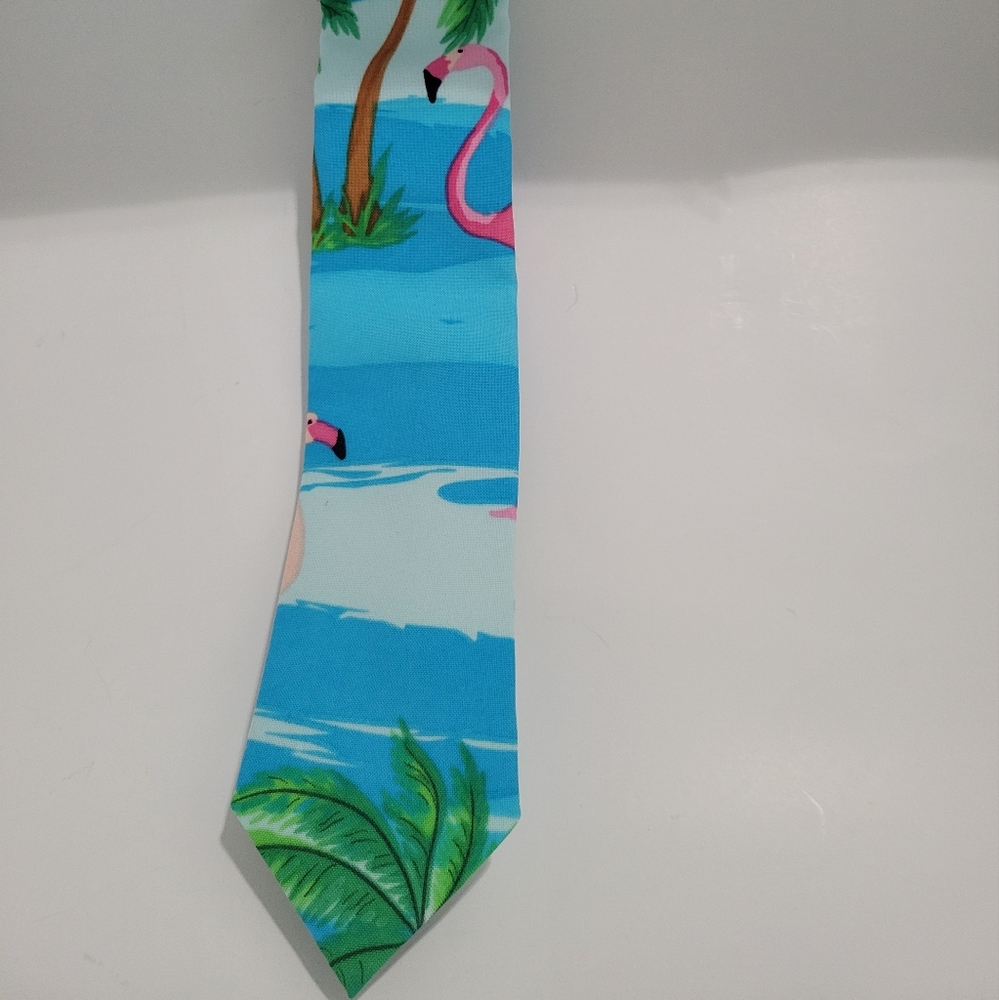 OPPOSUITS Mens Pink Flamingo Palm Tree Beach Handmade Polyester Tie